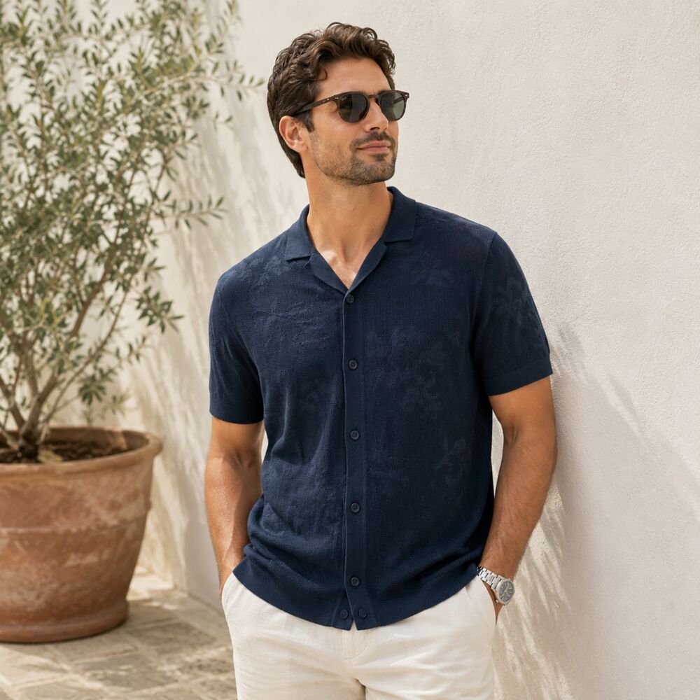 NWT Steel & Jelly Navy Floral Jacquard Knit Polo Shirt Men’s Large Button Front